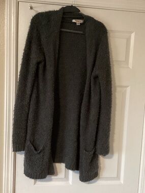 Cozy Open-Front Dark Gray Fuzzy Cardigan Sweater